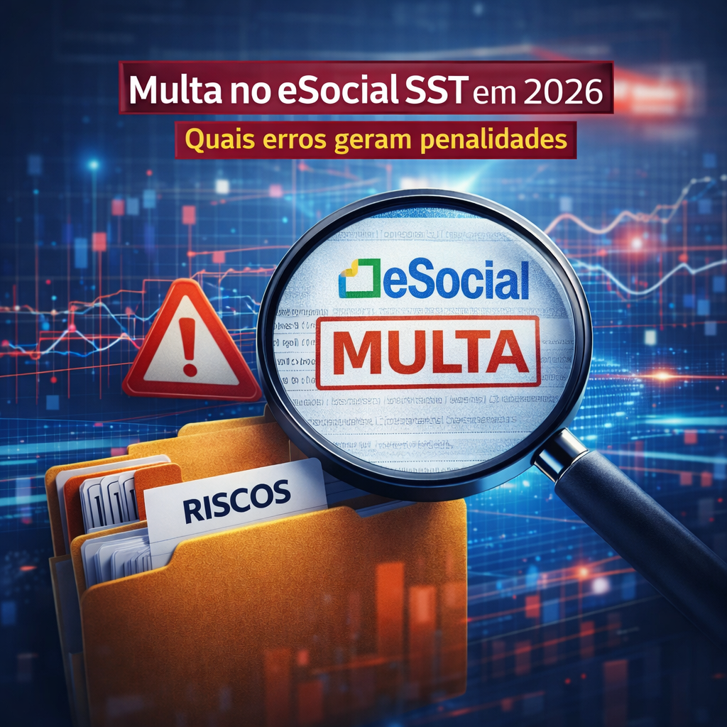 Imagem ilustrativa sobre multa no eSocial SST em 2026, mostrando análise digital de eventos S-2220 e S-2240 e risco de penalidades por inconsistências.